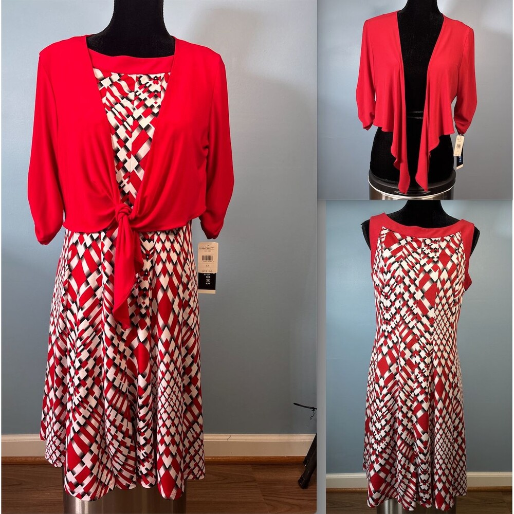 Perceptions NY Sleeveless Midi Dress & Waterfall Cardigan Red White (12) NWT